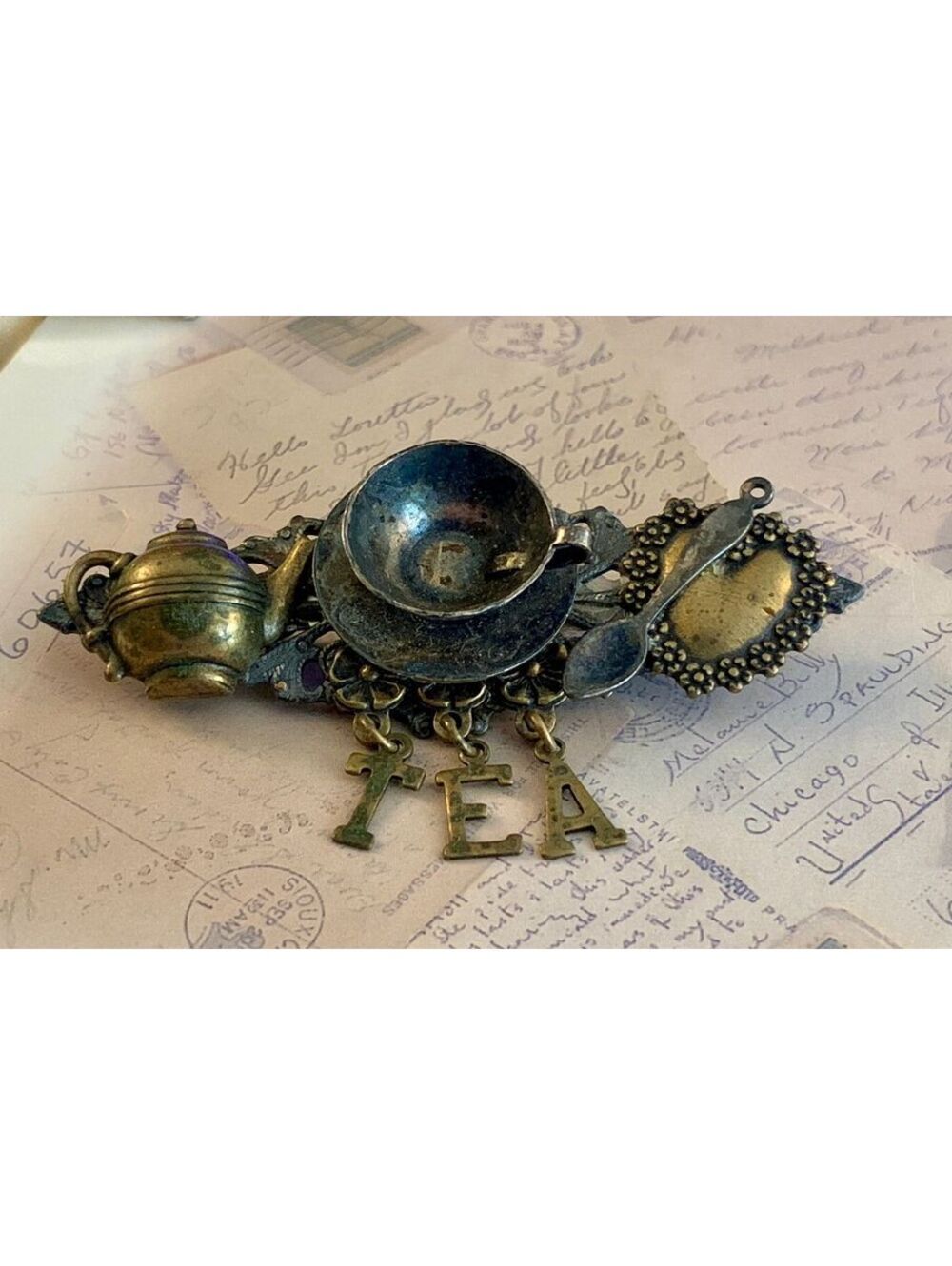 Vintage Charming Antique Style Tea Time Brooch Pin with Teapot & Cup